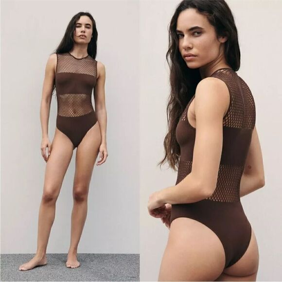 NWT Zara Seamless Mesh Chocolate‎ Brown Fall Contour stretch Bodysuit XS/S - Picture 3 of 7